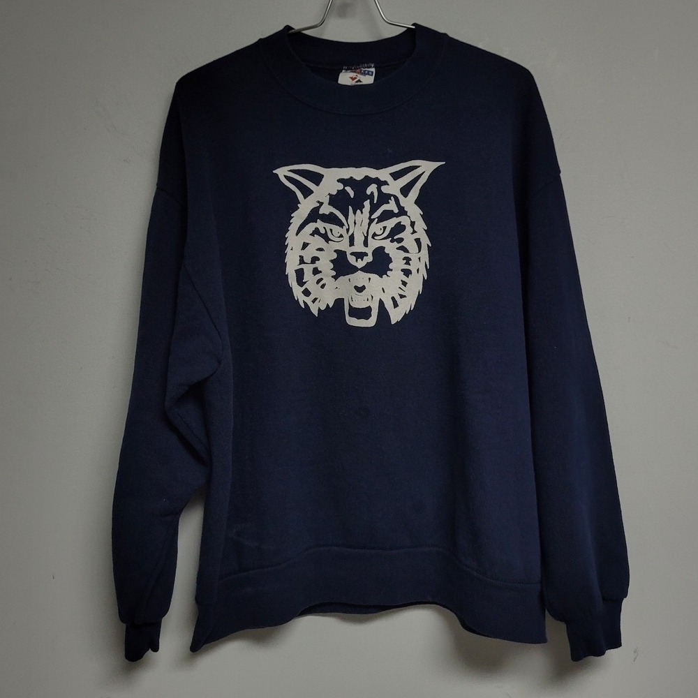 Jerzees Russell‎ Bobcats Sweater Vintage 90s Navy White Pullover USA Crewneck